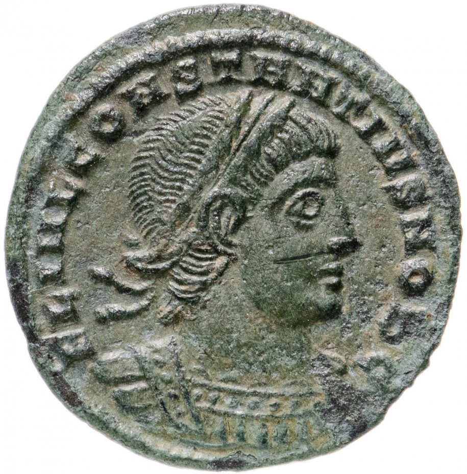 купить Римская Империя, Констанций II, 324–361 гг, фоллис (реверс: два воина стоят лицом друг к другу, между ними один штандарт)