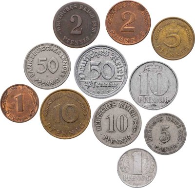 купить Германия набор из 10 монет 1, 2, 5, 10, 50 пфеннигов (pfennig) 1875-1994