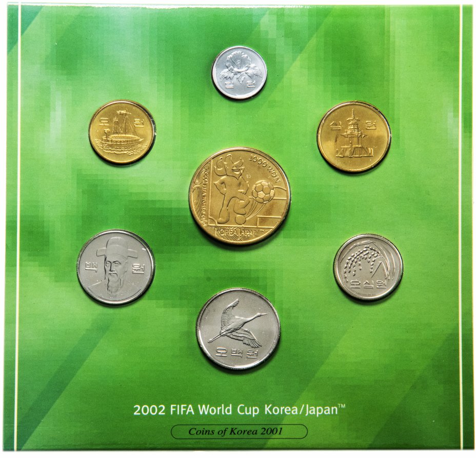 купить Южная Корея набор монет 2001 "Чемпионат мира по футболу 2002 - Корея/Япония" (6 монет и жетон в буклете-подставке)