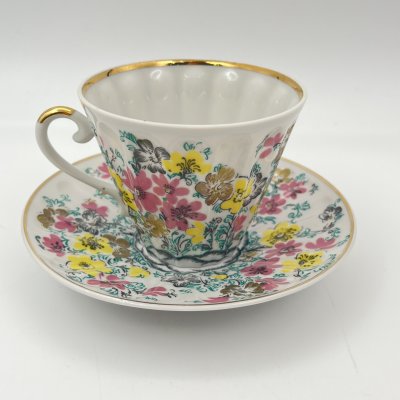 купить Чайная пара "Ситец", форма "Лучистая", автор формы Н.П. Славина, фарфор, деколь, золочение, Ленинградский фарфоровый завод (ЛФЗ), СССР, 1970-1986 гг.