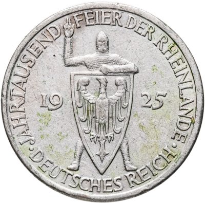 купить Германия 3 рейхсмарки (reichsmark) 1925 E "Тысячелетие Рейнской области (Рейнланда)" "E" — Мульденхюттен