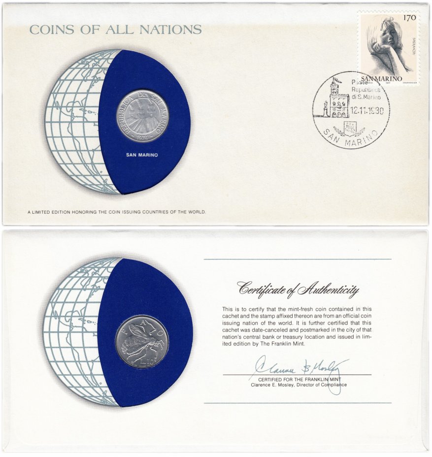 купить Серия «Монеты всех стран мира» - Сан-Марино 10 лир (lire) 1974 (монета и 1 марка в конверте)
