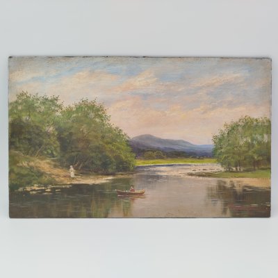 купить Картина "Летний пейзаж с лодкой" (название условное), подпись "Френц", картон, масло, ткань, Россия, 1970-2000 гг.