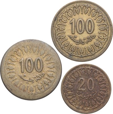 купить Тунис набор из 3 монет 20 и 100 миллимов (milliemes) 1950-1996