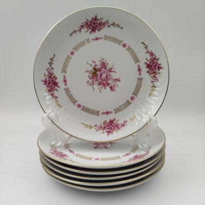 купить Набор пирожковых (закусочных) тарелок с цветочным декором на 6 персон, фарфор, деколь, золочение, Graf Von Henneberg Porzellan, 1777 Jlmenau, ГДР, 1977-1990 гг.