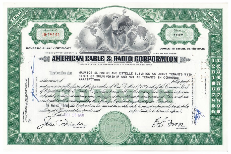 купить Акция США AMERICAN CABLE & RADIO CORPORATION 1960 г.