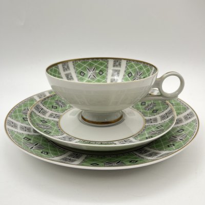 купить Трио чайное с геометрическим декором на светло-зеленом фоне, фарфор, крытье, деколь, золочение, Wallendorf, Германия, 1963-1990 гг.