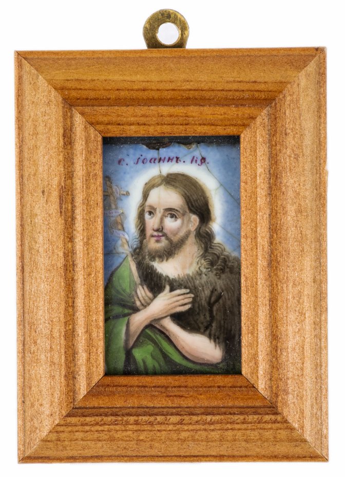 купить Икона "Иоанн Креститель", финифть, роспись, металл, в деревянной рамке, Российская Империя, 1850-1890 гг.