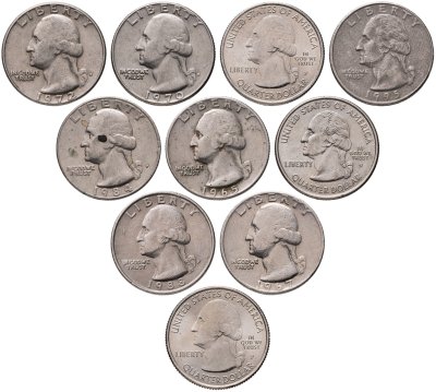 купить США набор из 10 монет 25 центов (квотер, 1/4 доллара, quarter dollar) 1965-2019