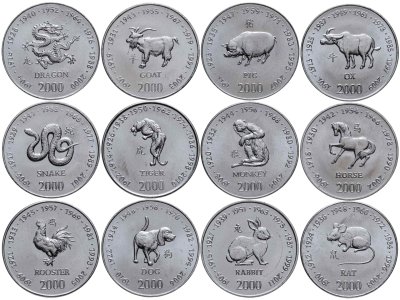 купить Сомали набор из 12-ти монет 10 шиллингов 2000 "Китайский гороскоп" плюс альбом