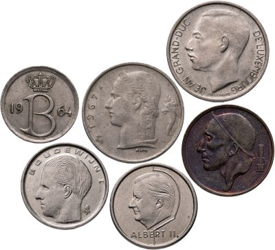купить Бельгия и Люксембург, набор из 6 монет 25, 50 сантимов, 1 франк 1964-1998