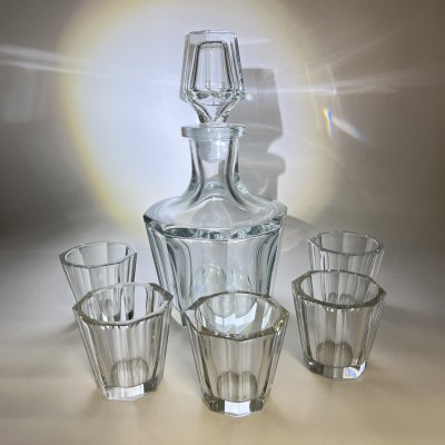 купить Набор для подачи крепких напитков "Крепыш" на 5 персон, автор Б.А. Смирнов (штоф и 5 стопок), хрусталь, гранение, Ленинградский завод художественного стекла (ЛЗХС), СССР, 1950-1960 гг.