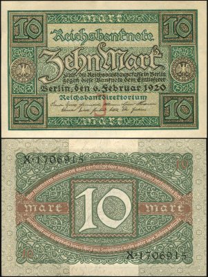 купить Германия [Веймарская респ.] 10 марок 06.02.1920 [Бумага Rb.63a (J, Serie X)]