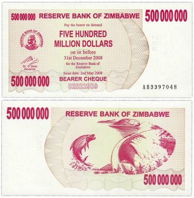 купить Зимбабве 500000000 долларов 2008 (Pick 60)