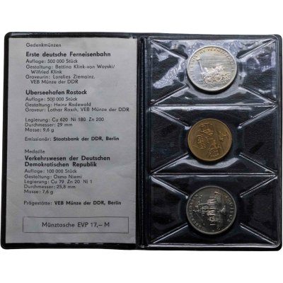 купить Германия (ГДР), сувенирный набор с 2-мя монетами 5 марок 1988 в честь 30-летия порту Росток и 150 лет первой железной дороге Германии