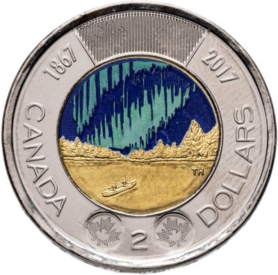 купить Канада 2 доллара (dollars) 2017 "150 лет Конфедерации Канада - Полярное сияние" (цветная)