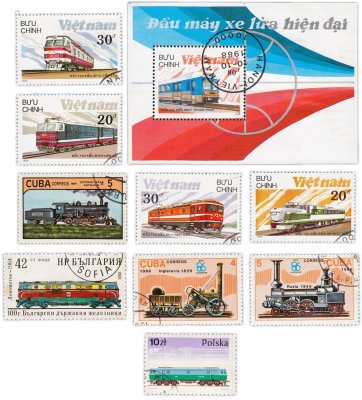 купить Набор из 9 марок и 1 квартблок "Поезда"