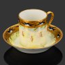 Купить Кофейная пара, украшенная цветочными мотивами и изображением ласточек на золотой кайме, La Porcelaine Limousine (LP), фарфор, люстр, роспись, золочение, Limoges, Франция, 1905-1930 гг.