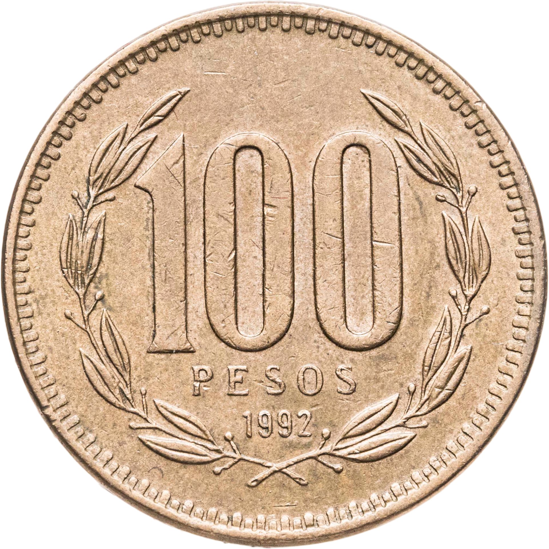 Монета Чили 100 песо (pesos) 1992 стоимостью 230 руб.