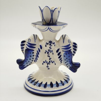 купить Подсвечник для одной свечи "Рыбы", фарфор, роспись, Объединение «Гжель», СССР, 1986-1991 гг.