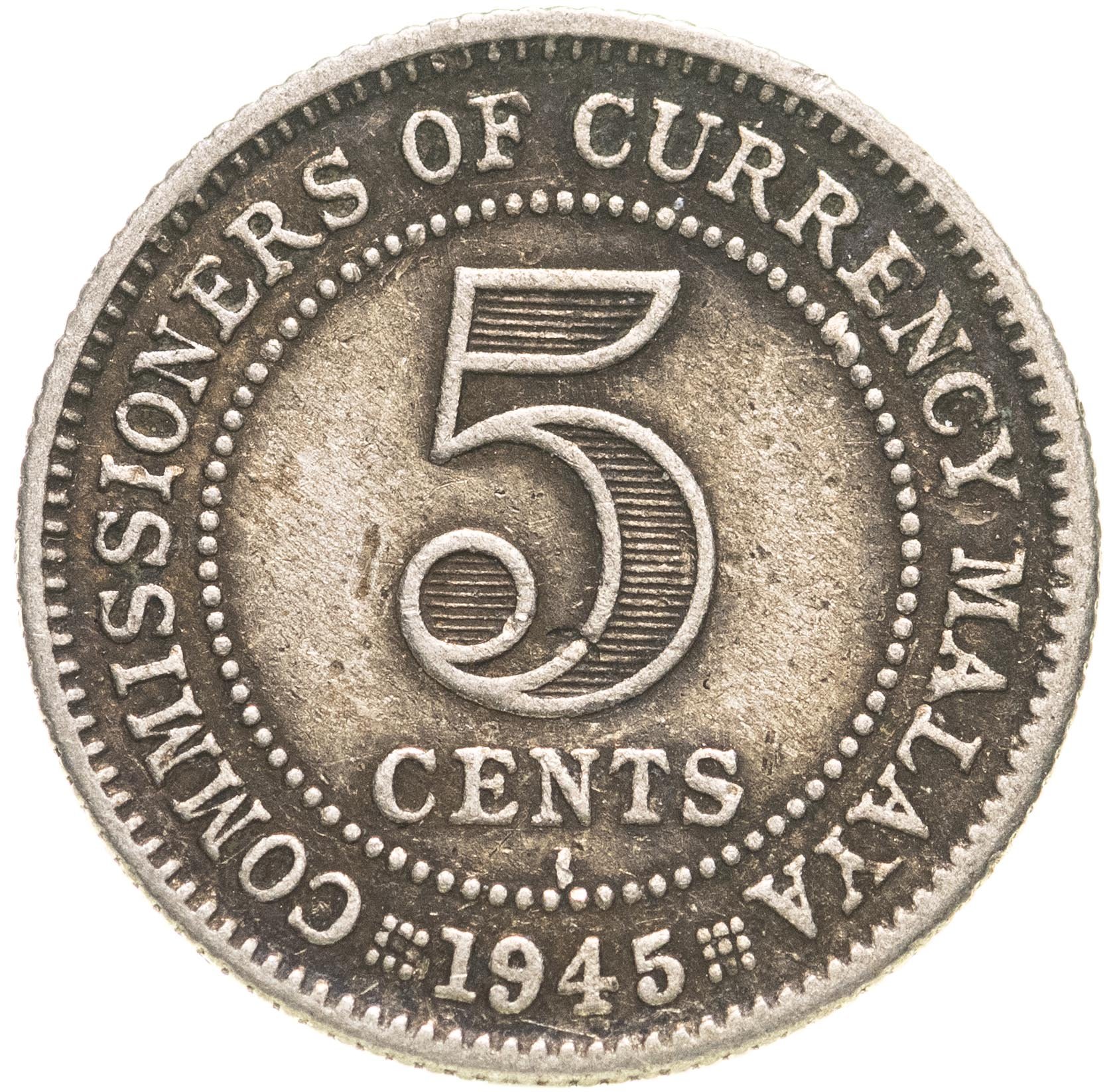 Монета малайя 5 центов 1945 I стоимостью 420 руб.