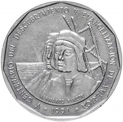 купить Доминиканская республика 1 песо 1991 "500-летие открытия и евангелизации Америки: Братья Пинсон"