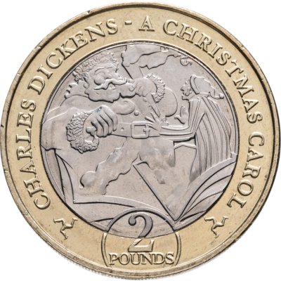 купить Остров Мэн 2 фунта (pounds) 2020 "Ч. Диккенс, Рождественская песнь в прозе - Скрудж и Дух рождества с подарком"
