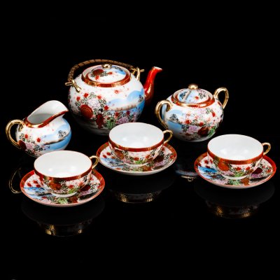 купить Чайный сервиз "Гейши в саду" на 3 персоны (9 предметов), фарфор, (костяной), деколь, роспись, золочение, Китай, 1960-1980 гг.