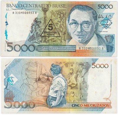 купить Бразилия 5 новый крузадо 1989 (надпечатка на 5000 крузадо 1988 ) (Pick 217а)