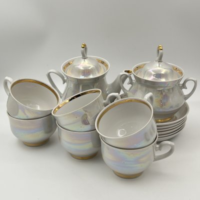 купить Сервиз чайный на 6 персон (14 предметов) с лаконичным декором, фарфор, золочение, люстр, Минский фарфорово-фаянсовый завод, СССР, 1968-1983 гг.