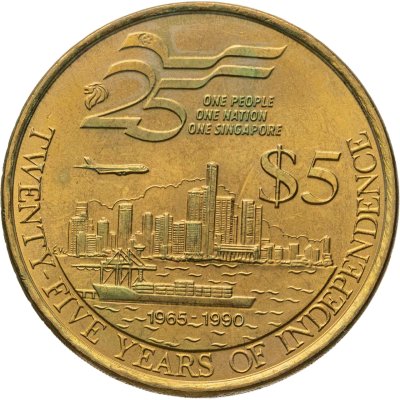 купить Сингапур 5 долларов (dollars) 1990 "25 лет Независимости"