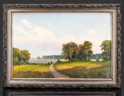 купить Картина "К вечеру" с изображением летнего пейзажа, в раме, художник В. Голубев, холст, масло, дерево, СССР, 1962 г.