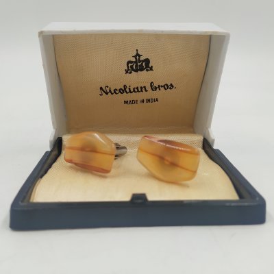 купить Запонки винтажные в оригинальном футляре, "Nicolian bros.", металл, поделочный камень, пластик, Индия, 1970-1990 гг.