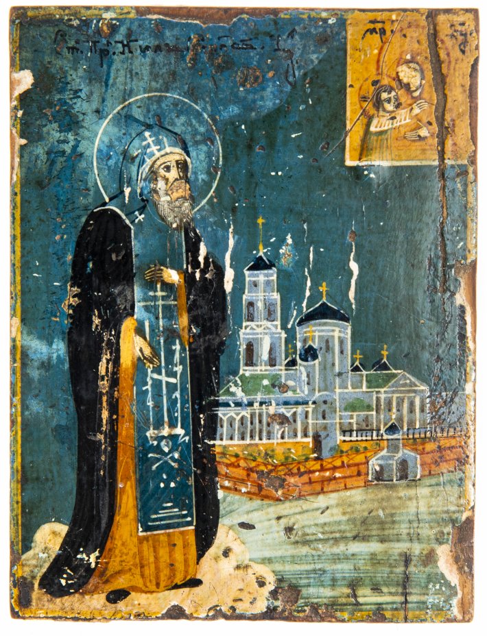 купить Икона "Преподобный Нил Столобенский в молении иконе Пресвятой Богородицы", дерево, темпера, 1850-1900 гг.