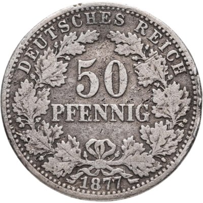 купить Германия 50 пфеннигов 1877 B Венок на аверсе знак монетного двора: "B" - Ганновер
