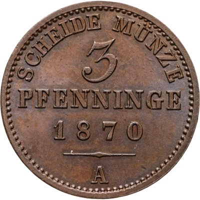 купить Пруссия 3 пфеннига 1870, знак монетного двора: "A" - Берлин