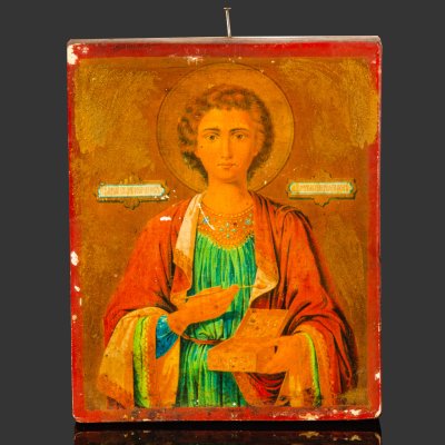 купить Икона "Святой великомученик и целитель Пантелеимон" с печатью Благословения Святой Афонской горы Пантелеймонова Монастыря (Афон), дерево, хромолитография, лак, Греция, 1900-1920 гг.