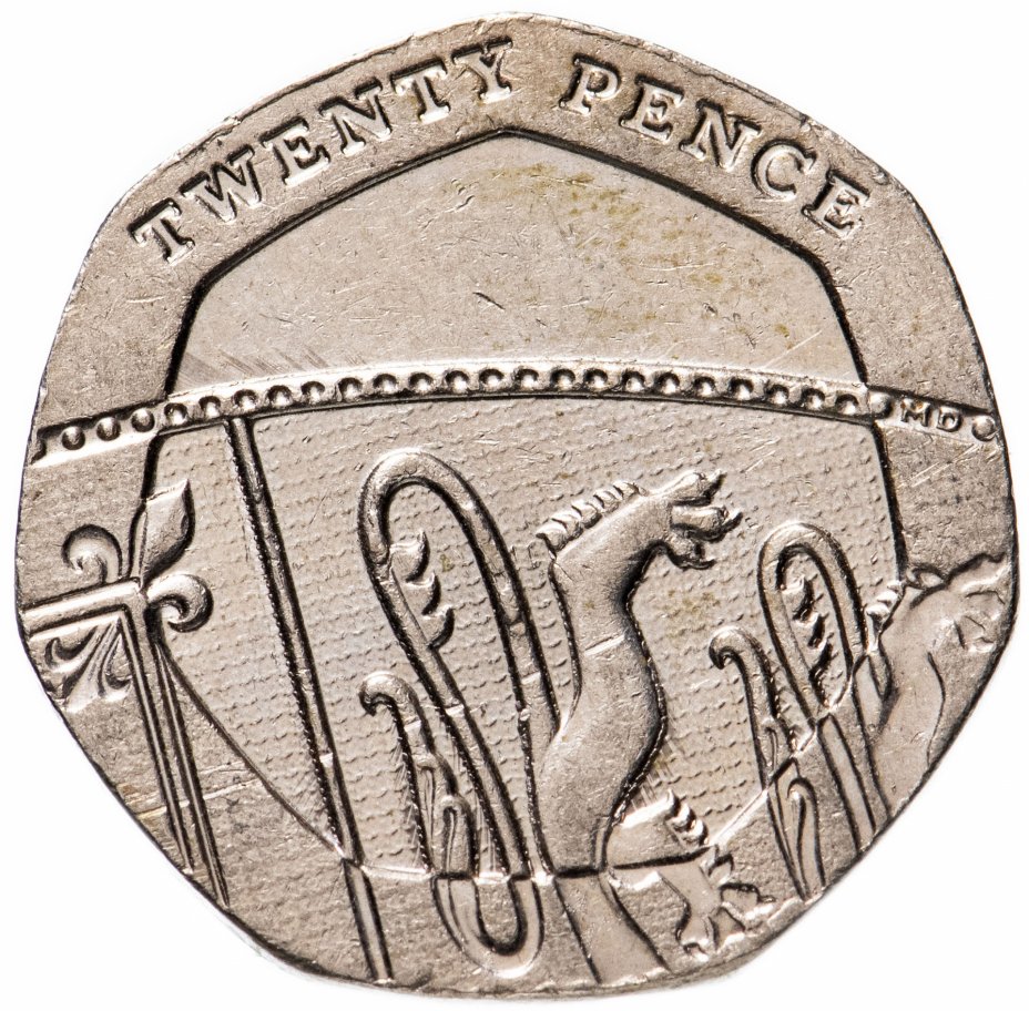 купить Великобритания 20 пенсов (pence) 2015-2020 "Фрагмент щита, с инициалами JC"