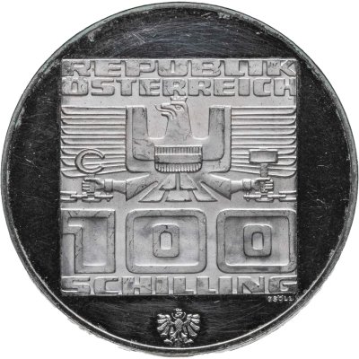 купить Австрия 100 шиллингов 1975 "XII зимние Олимпийские Игры, Инсбрук 1976 - Здания и Олимпийская эмблема" пруф, Халль-ин-Тироль, в капсуле