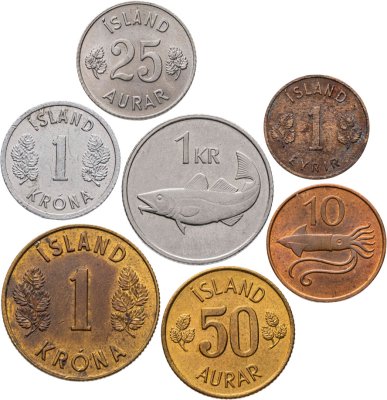 купить Исландия набор из 7 монет 1, 10, 25, 50 эйре и 1 крона 1946-2006