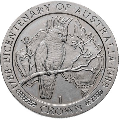 купить Остров Мэн 1 крона (crown) 1988 "200 лет Австралии, какаду"