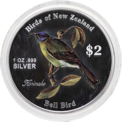 купить Острова Кука 2 доллара 2005 "Птицы Новой Зеландии - Медосос-колокольчик" в футляре, с сертификатом