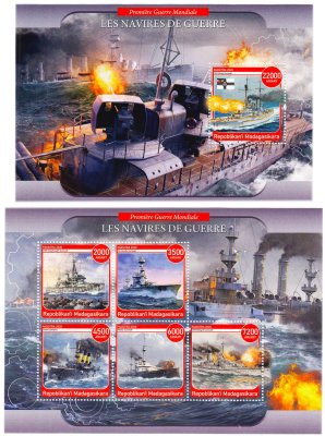 купить Мадагаскар блок + малый лист 2020 "Военные корабли"