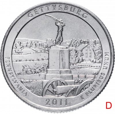 купить США 1/4 доллара (25 центов, квотер) 2011 D — "Национальный военный парк Геттисберг" (6-й парк), знак монетного двора: "D" - Денвер