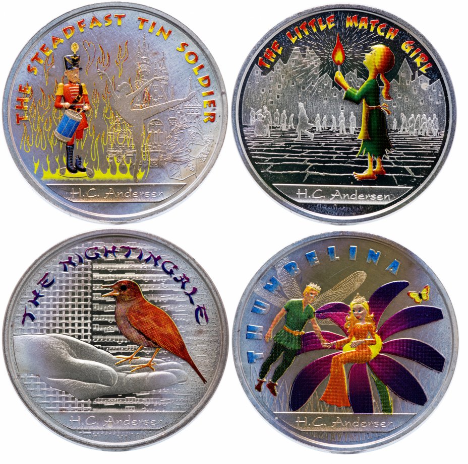 купить Фиджи набор из 4-х монет 1 доллар 2010 "Сказочные сокровища Г.Х.Андерсена" в футлярах с сертификатами