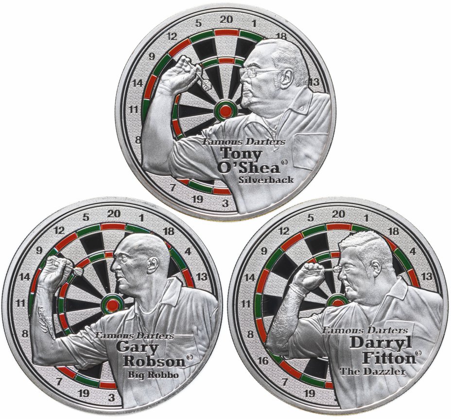 купить Острова Кука 1 долларов 2014 набор из 3х монет "Известные игроки в дартс"  с сертификатами