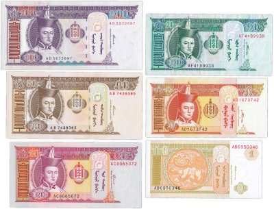 купить Монголия набор из 6 банкнот 1, 5, 10, 20, 50, 100 тугриков 2000-2008