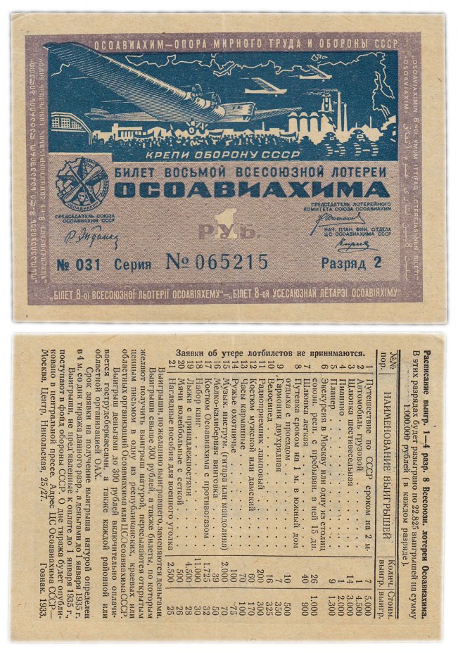 купить Лотерейный Билет Восьмой Всесоюзной Лотереи ОСОАВИАХИМА 1 рубль 1933 (разряд 2)