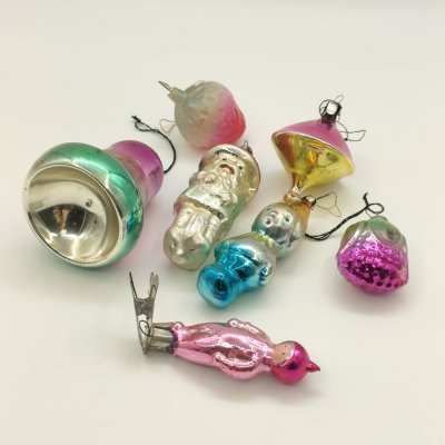купить Набор ёлочных игрушек различных форм и расцветок (7 шт.), стекло, краска, металл, СССР, 1960-1980 гг.