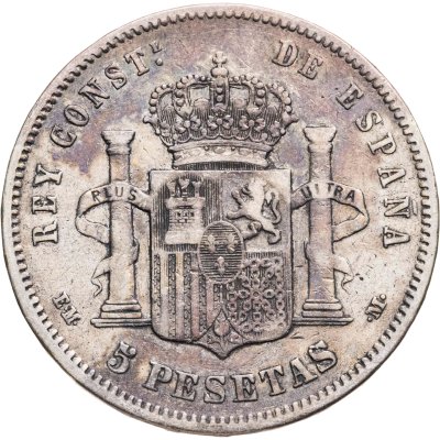 купить Испания 5 песет (pesetas) 1878 EM M знак монетного двора: "EM M" - J.Escosura, M.Morejón